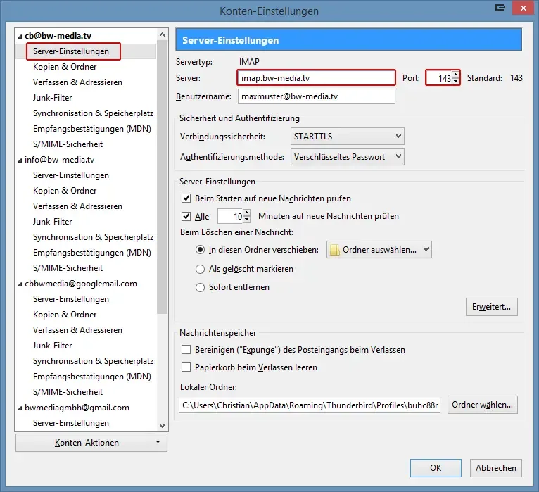 Thunderbird: Servereinstellungen