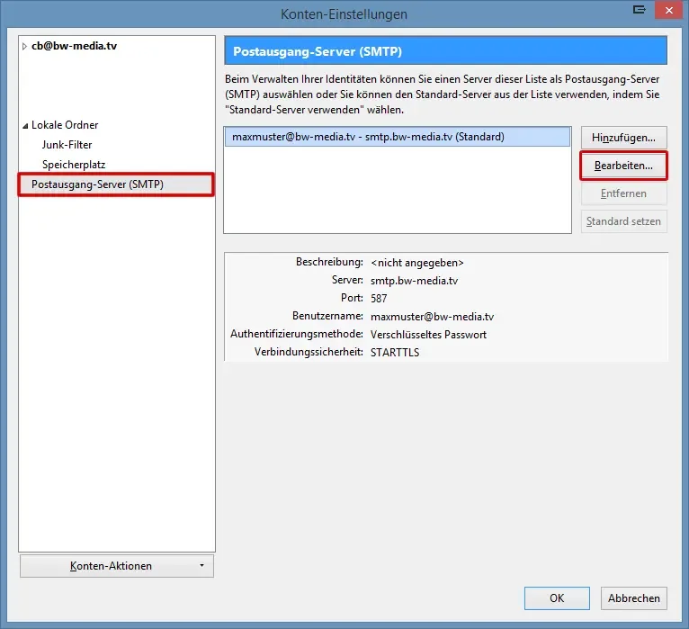 Thunderbird: SMTP-Server bearbeiten